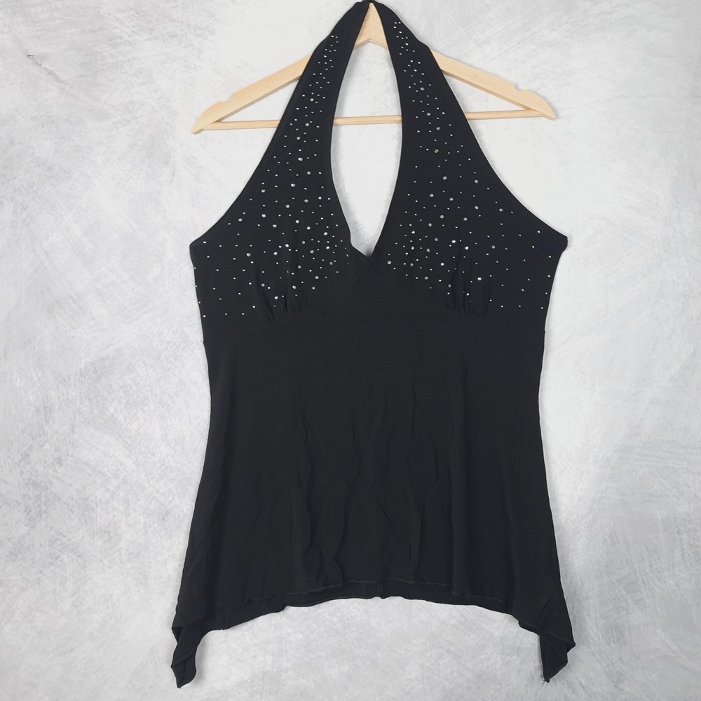 Vntg Y2K Tank Top Womens Large Black Rhinestone Halter Handkerchief Whimsy Goth